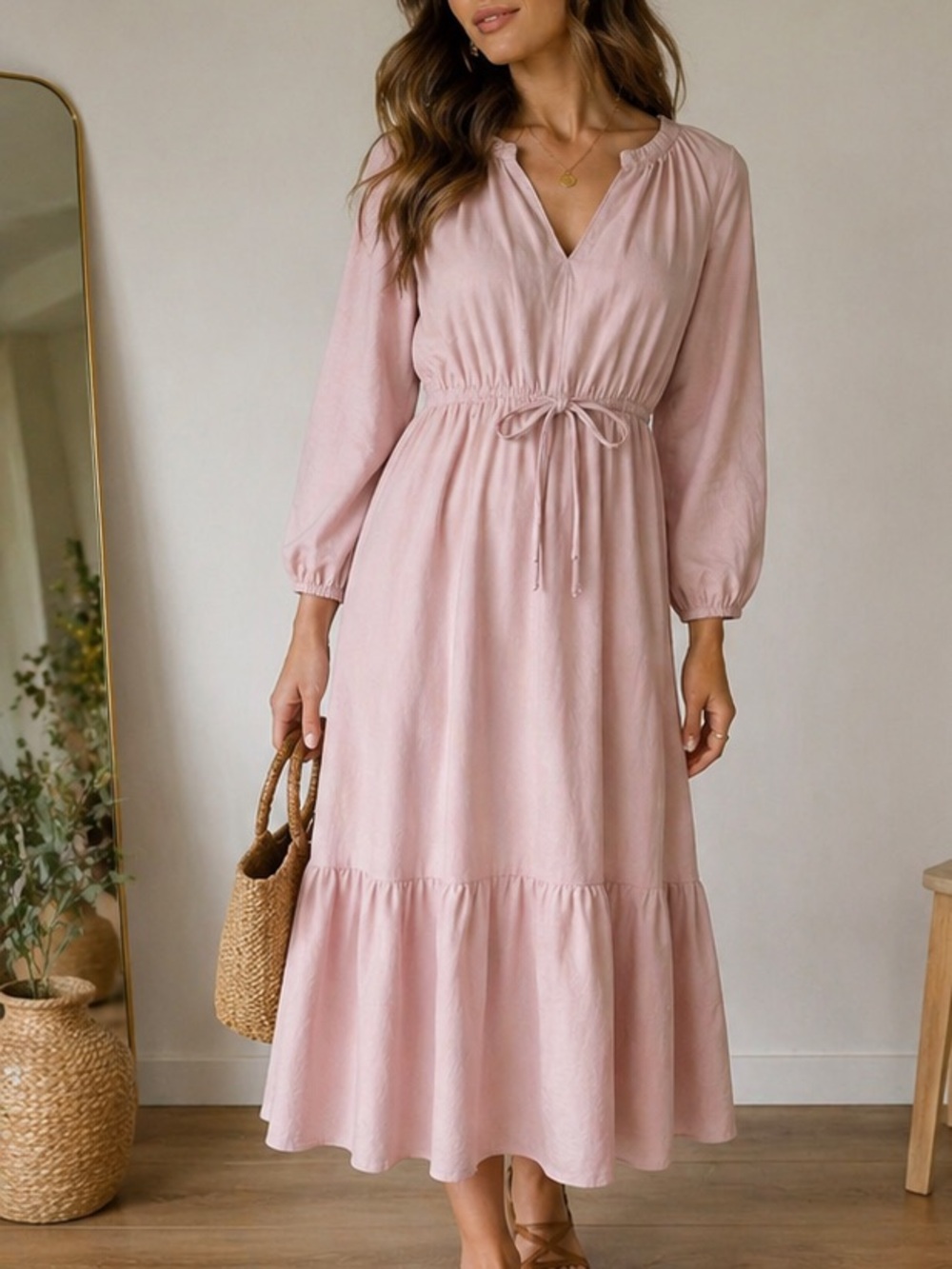 a new day | Blush |  Boho Midi Dress | Tie Waist Tiered | Cottagecore | Size S